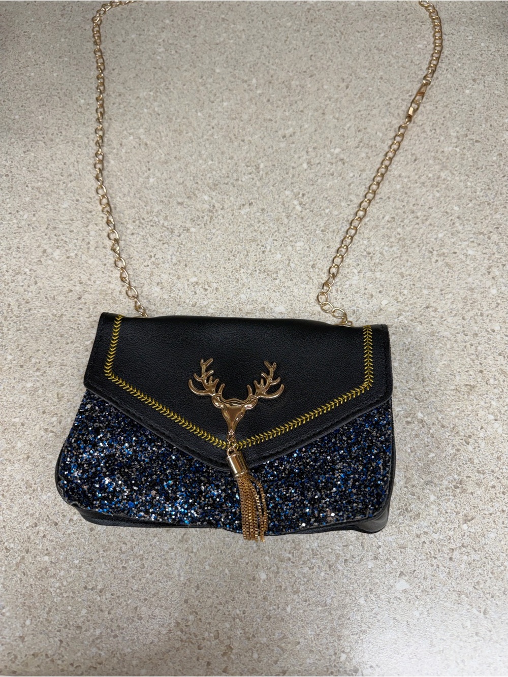 Black and Navy Glitter Crossbody Bag with Gold Deer Accent